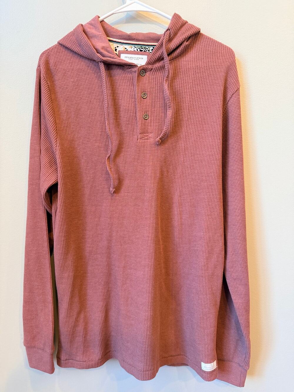 Denim & Flower Waffle Knit Thermal Henley Hoodie Dusty Rose Mauve Men's Size M